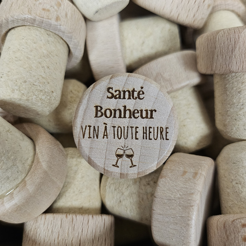 Bouchon personnalisé "Santé, bonheur, vin à toute heure" Bouchon personnalisé "Santé, bonheur, vin à toute heure"